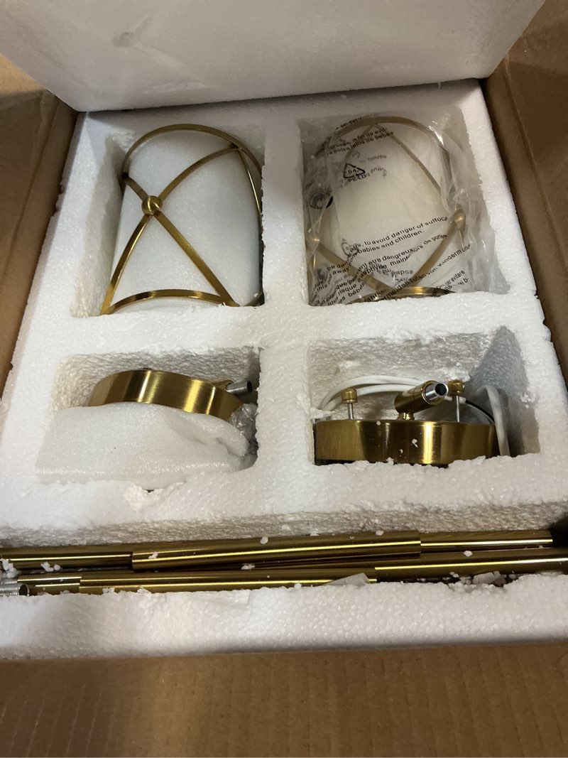 Condition photo showing Good Condition for Brushed Gold Pendant Lights Kitchen Island, Modern 2 Pack Pendant Light with Frosted Glass, Farmhouse Mid Century Pendant Lighting for Dining Room, CH9176BGW-2PK Gold, Milk White Glass 1-Light, 2 PACK