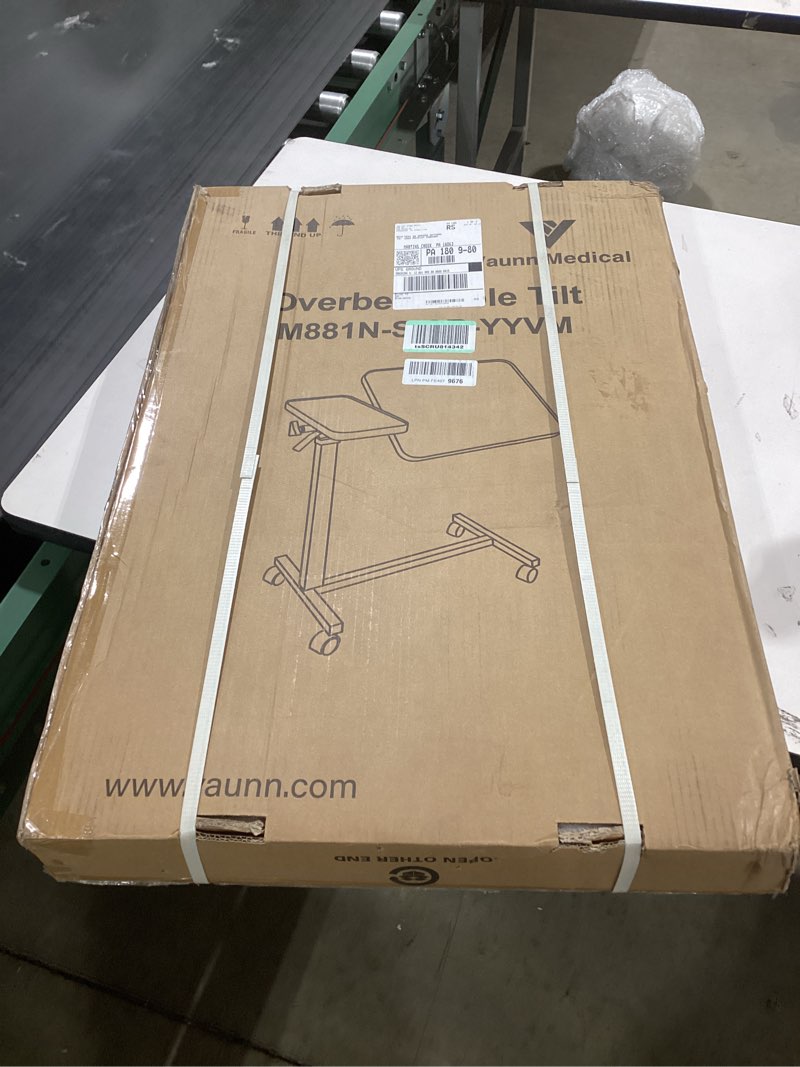 Condition photo showing New/Like New for Vaunn Medical Adjustable Tilt Overbed Bedside Table with Wheels for Hospital and Home Use Brown