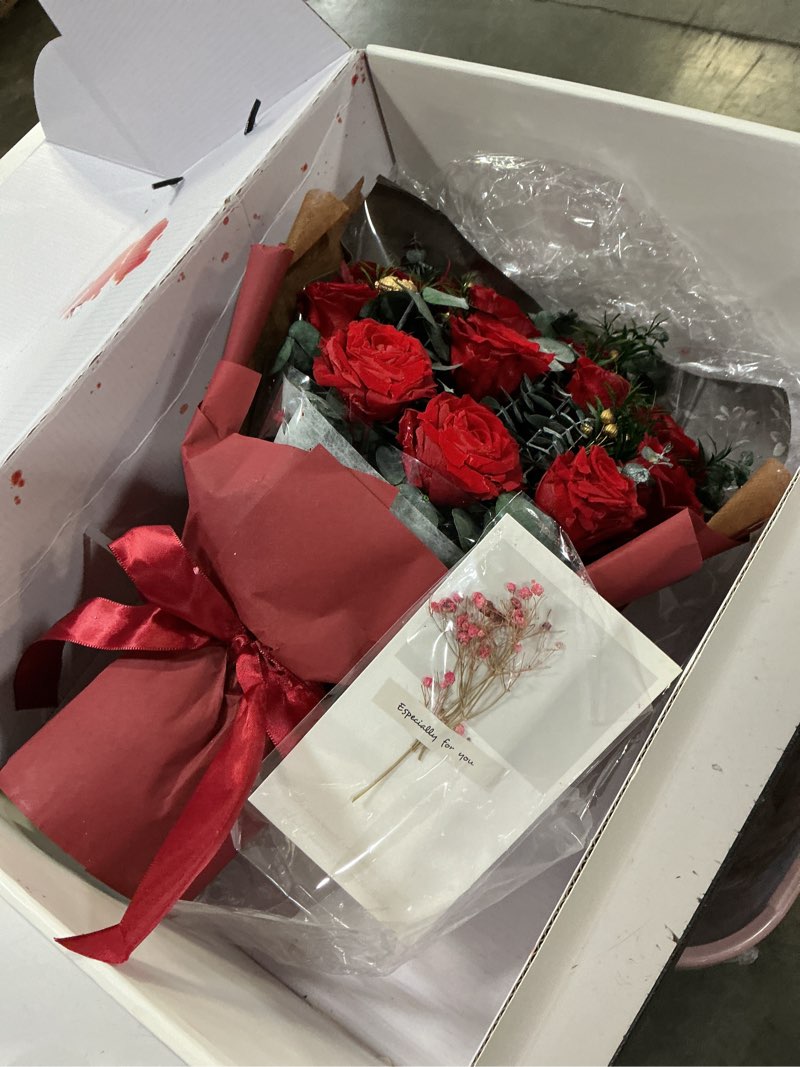 Condition photo showing As Is for addwel preserved red rose bouquet – real long-lasting flowers gift for wife, girlfriend, mom – romantic anniversary, birthday, graduation gifts for her 12 roses preserved roses bouquet - red