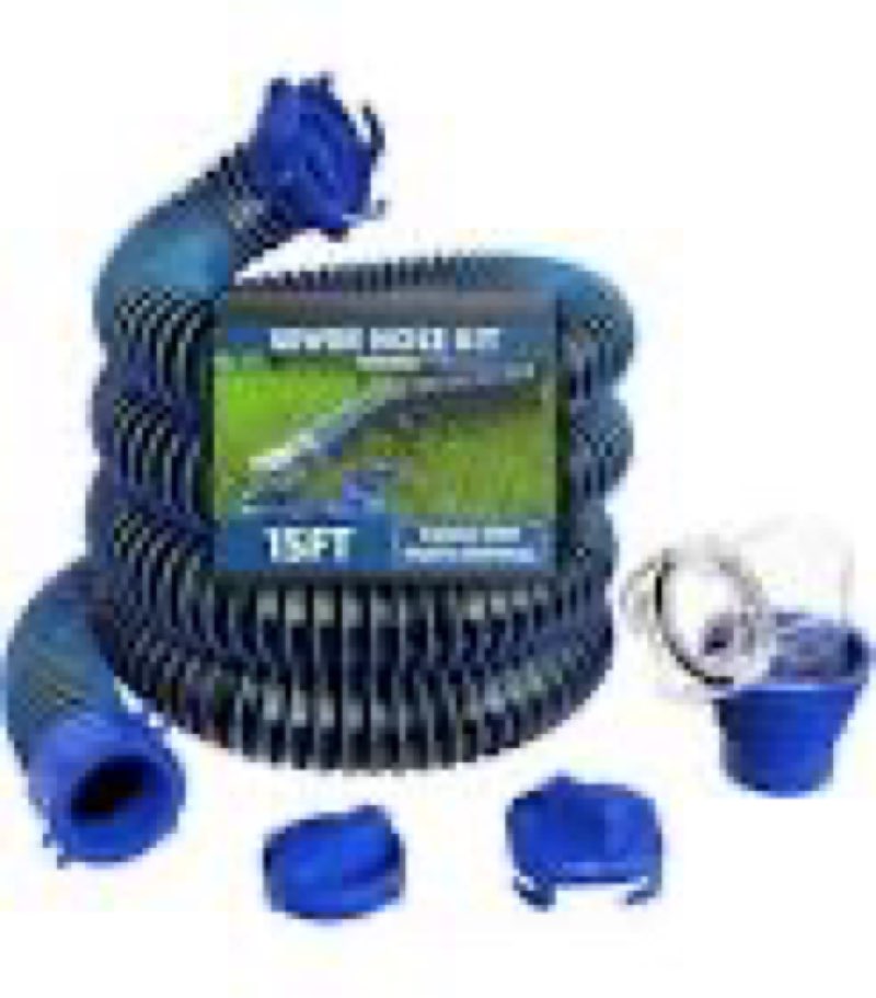 camco rhinoflex 15-ft rv sewer hose kit - features clear elbow fitting w/removable 4-in-1 adapter - connects to 3” slip or 3”/3.5”/4” npt threaded sewer connection (39770) 15' rhino sewer hose