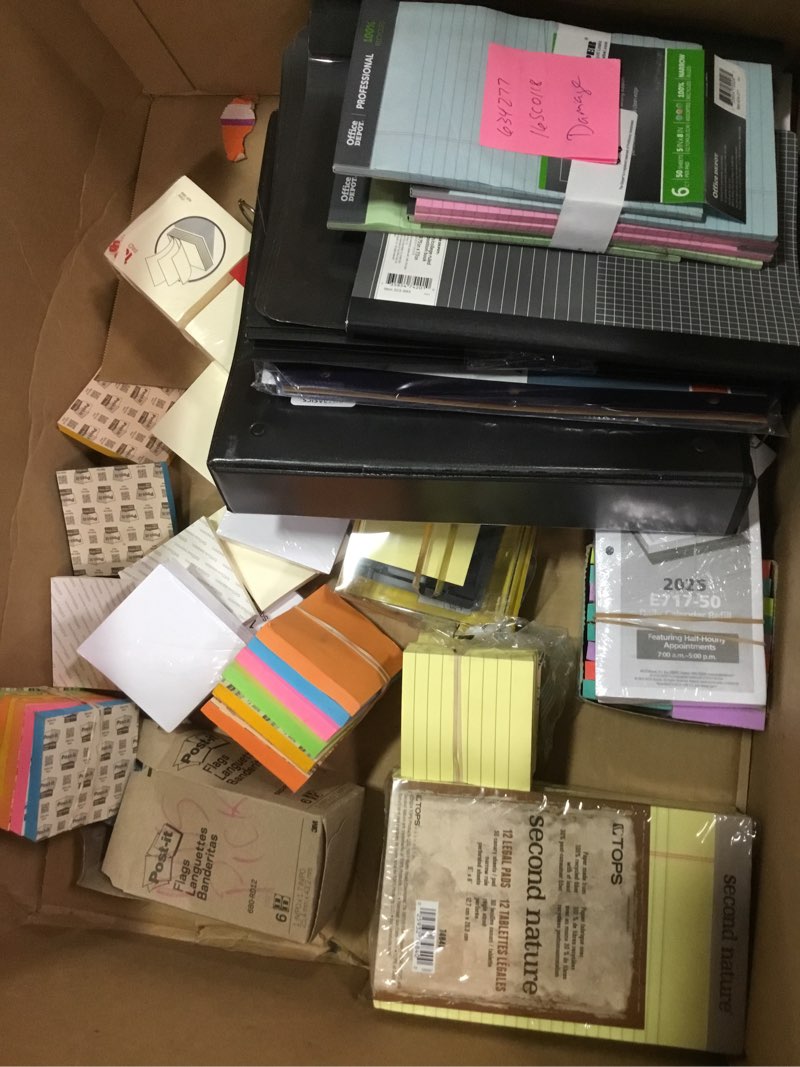Condition photo showing Good Condition for Large assortment of office supplies on white backdrop - stock photo