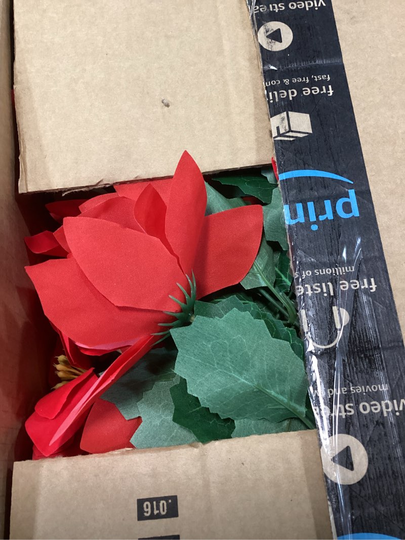 Condition photo showing Good Condition for 14'' Poinsettias Artificial Christmas Flowers for Outdoors,12 Bundles Mixed Fake Red Silk Flowers Faux Plastic Plants UV Resistant for Home Garden Porch Patio Outdoor Indoor Decor Red-01