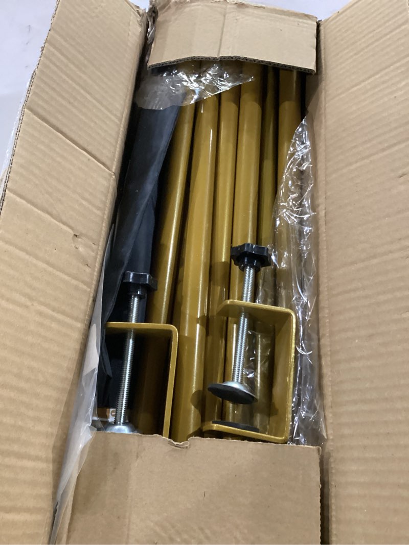 Condition photo showing New/Like New for over the table rod stand with clamps adjustable 31"-110'' length 31"-64" height gold table balloon arch stand with storage bag, metal decorating rod hanging