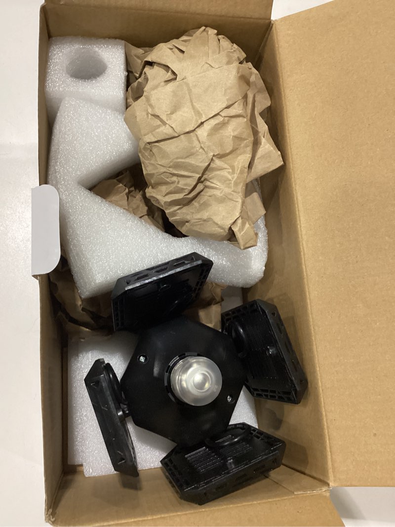 Condition photo showing As Is for one pack not two pack diding led garage ceiling lights 2 pack w/ 8+1 adjustable panel, super bright 28000lm deformable basement light bulb fixture screw in e26 socket base for indoor workshop attic gym bay laundry utility