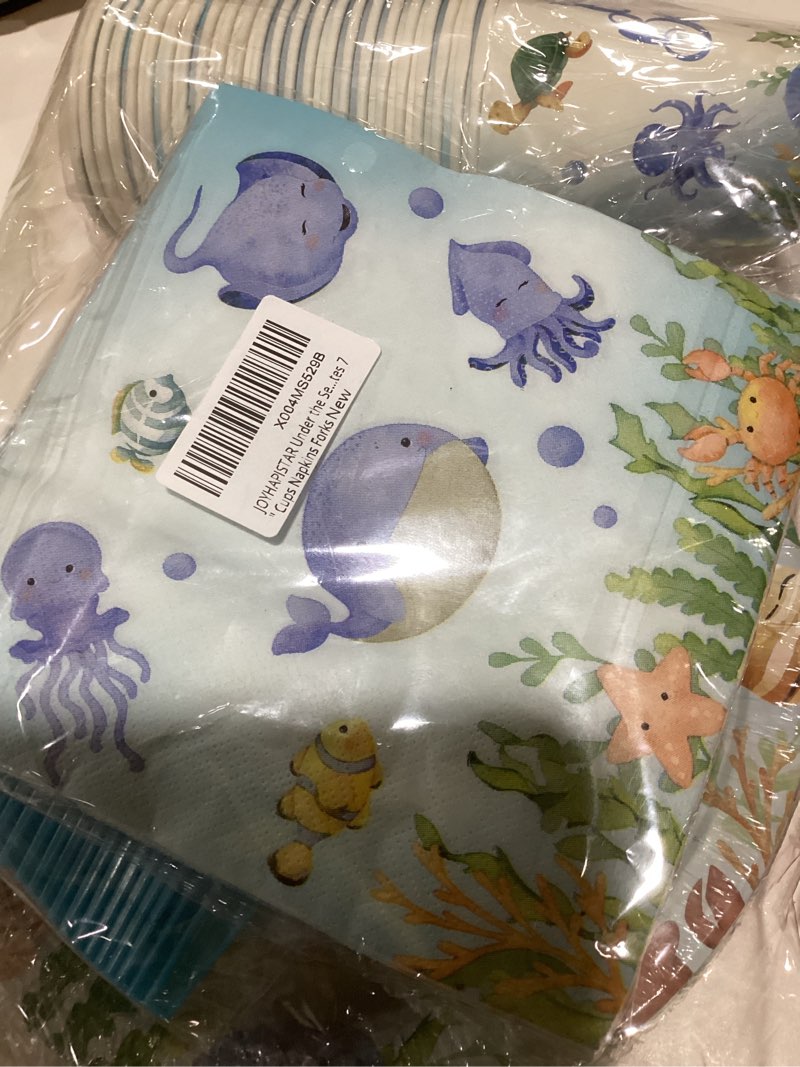 Condition photo showing As Is for Under the Sea Baby Shower Paper Plates Set Serve 24 Guests, Summer Ocean Animal Theme Party Supplies includes Dinner Plates 9" Dessert Plates 7" Cups Napkins Forks