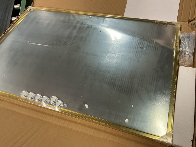 Condition photo showing New/Like New for magnetic whiteboard, 36"x24" gold aluminum frame dry erase white board for wall, large wipe board with 6 magnets, 4 markers & 1 eraser for home and office gold 36"w x 24"h