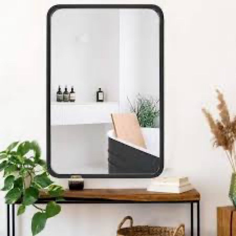 Black Metal Framed Bathroom Mirror for Wall, 30X22 Inch Rounded Rectangle Mirror, Matte Black Bathro