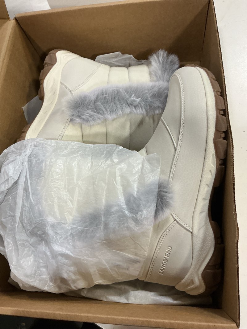 Condition photo showing New/Like New for lands' end expedition waterproof insulated womens snow boots, lace up or slip on winter boots for women, medium or wide width sizes 6 to 11, black, brown, blue, white or grey winter shoes 9.5 white