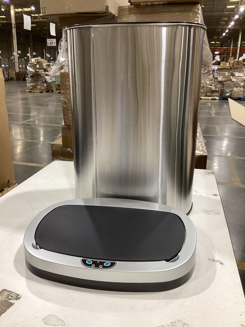 Condition photo showing As Is for bestoffice | 13 gallon trash can with lid | automatic touchless garbage can | odor control | modern oval design | easy to clean | stainless steel | fits any kitchen, bathroom, office or home stainless steel stainless steel