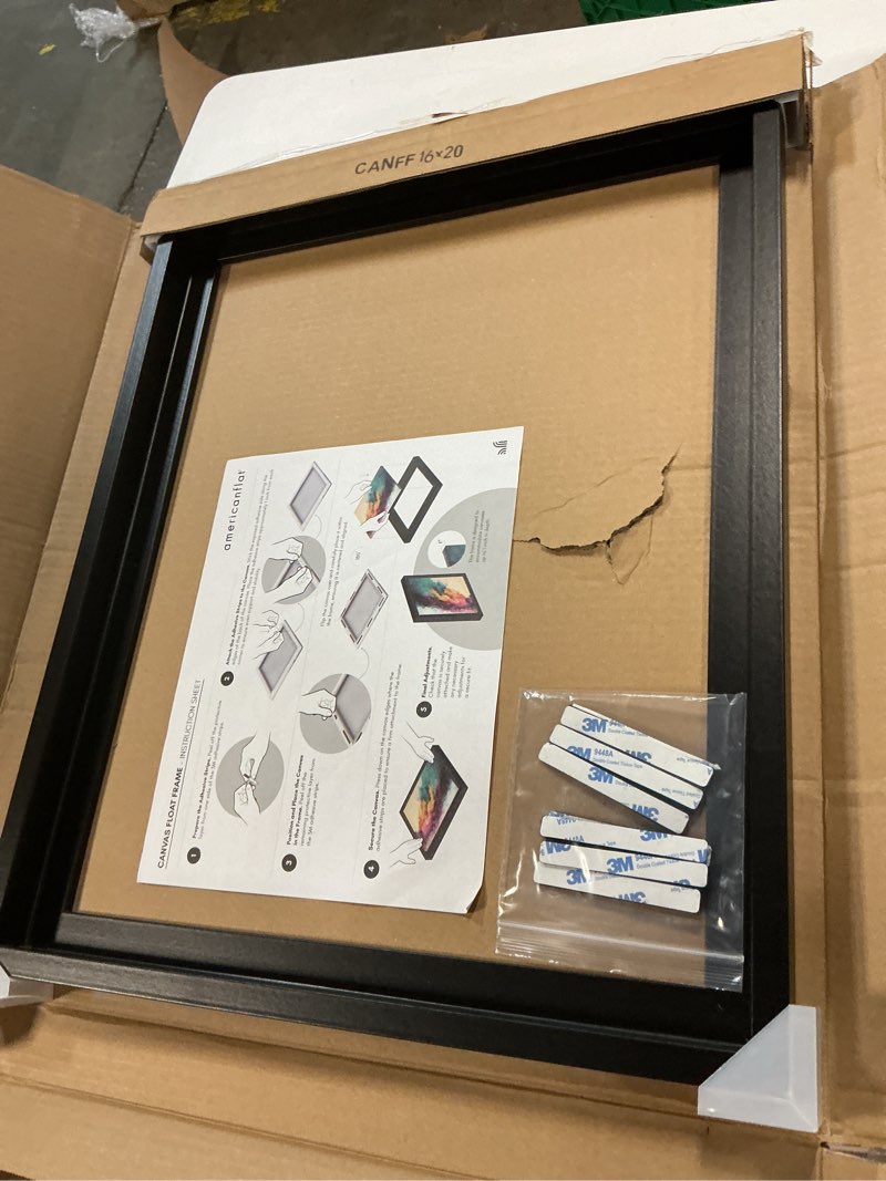 Condition photo showing Good Condition for Americanflat 16x20 Canvas Floating Frame with Adhesive Strips Included - Vertical and Horizontal Floating Frame for Artwork - Canvas Frames for Wall Display - Black Black 16X20