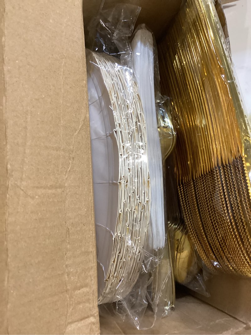 Condition photo showing New/Like New for 175pcs gold party supplies - gold dot on white paper plates, napkins, cups & plastic silverware - disposable dinnerware sets for 25 guests - bridal shower, birthday, engagement parties white &gold