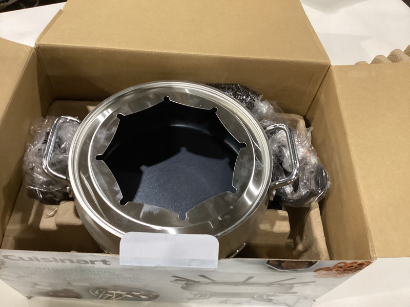 Condition photo showing New/Like New for Cuisinart Fondue Pot Set, 3-Quart Stainless Steel Electric Fondue Pot for Chocolate, Cheese, Broth, and Oil, Includes 8 Forks, Temperature Control, Nonstick Interior, Dishwasher Safe, CFO-3SSNAS