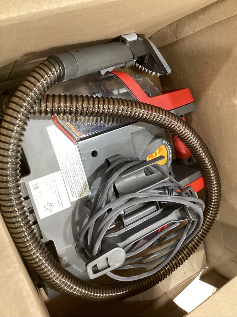 Condition photo showing As Is for shark stainstriker portable carpet & upholstery cleaner w/on board self cleaning - spot, stain, & odor eliminator, includes 2 cleaning tools & 2 cleaning solutions, charcoal, px221brn stainstriker w/ onboard self-cleaning