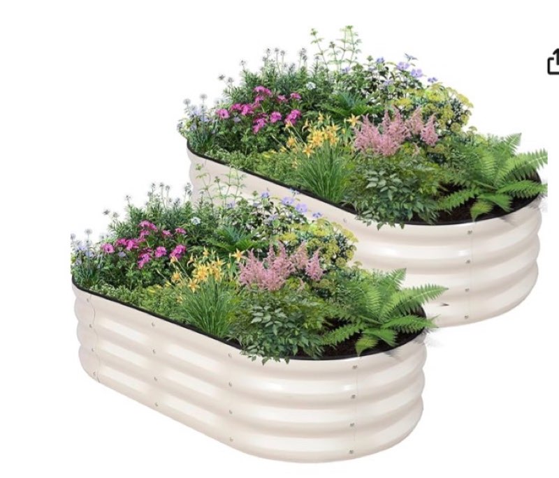 galvanized raised garden bed - 4×2×1ft (2 packs) planter raised beds for gardening | oval metal garden planter box with safety edging and gloves for vegetables fruits and flower (white)