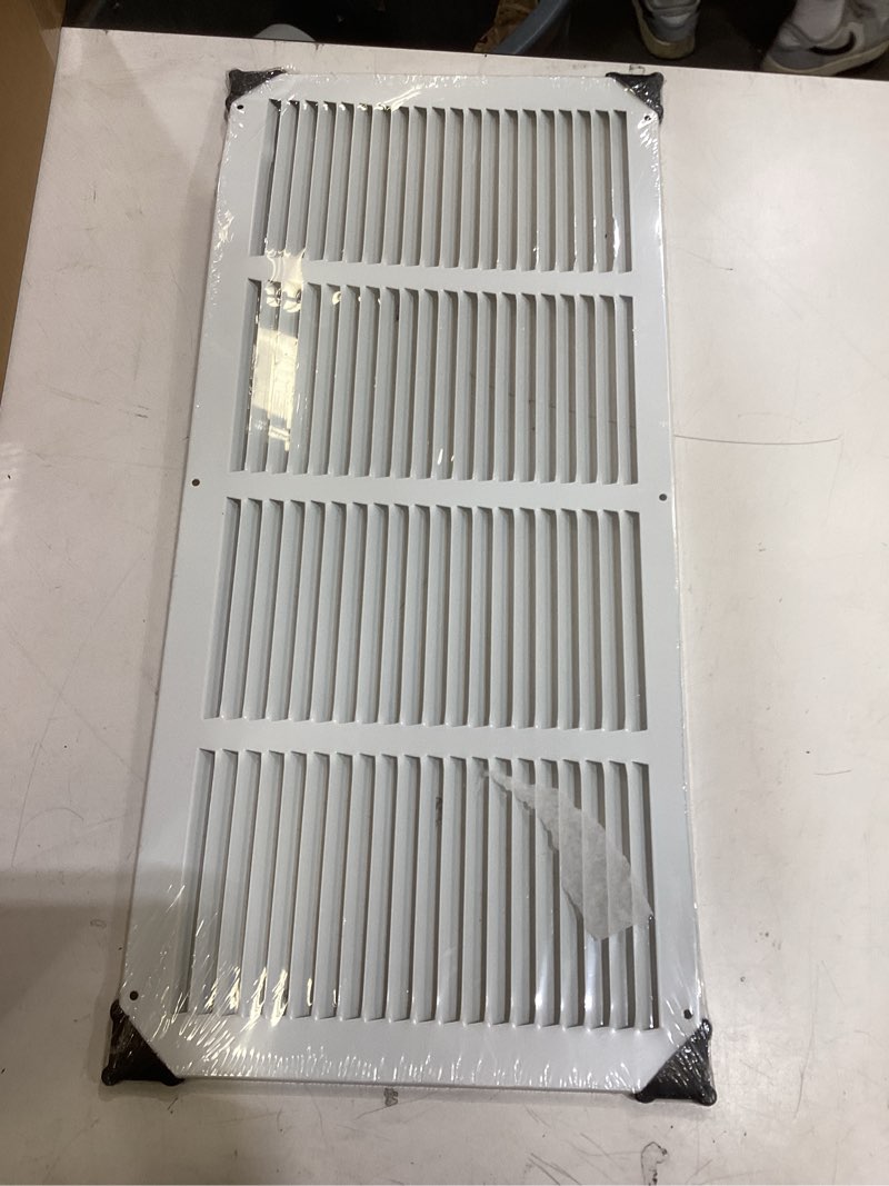 Condition photo showing Good Condition for fits 20x8 duct opening stamped steel return air grille vent cover grille for sidewall and ceiling in white surface dimensions: 21.75"w x 9.75"h (20" w x 8" h duct opening)