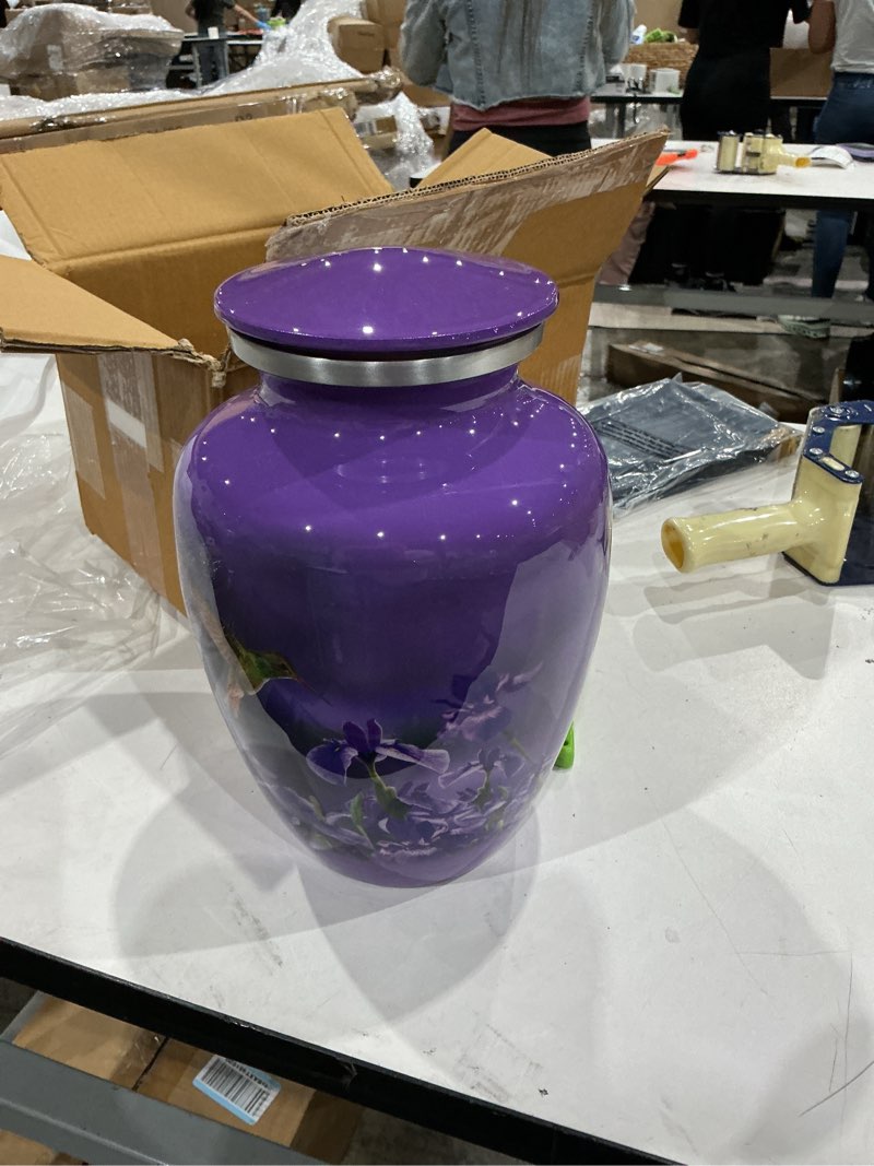 Condition photo showing Good Condition for trupoint memorials extra large urn for ashes adult male or female up to 300 lbs, cremation urns for human ashes, funeral memorial urns for men & women, purple hummingbird purple extra large