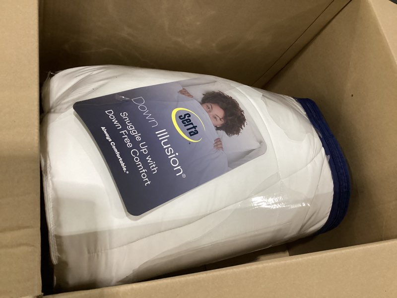 Condition photo showing As Is for Serta Down Illusion Extra Warmth Hypoallergenic Down Alternative Comforter with Corner Loops, Full/Queen, White Full/Queen Extra Warmth