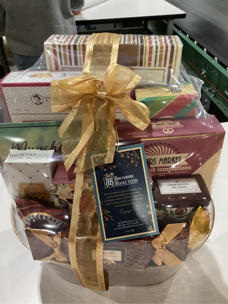 Condition photo showing New/Like New for Broadway Basketeers Gourmet Gift Basket for Women, Men, Families, Teacher, College, Appreciation, Thank You, Birthday, Corporate, Get Well, Sympathy Chocolate Baskets