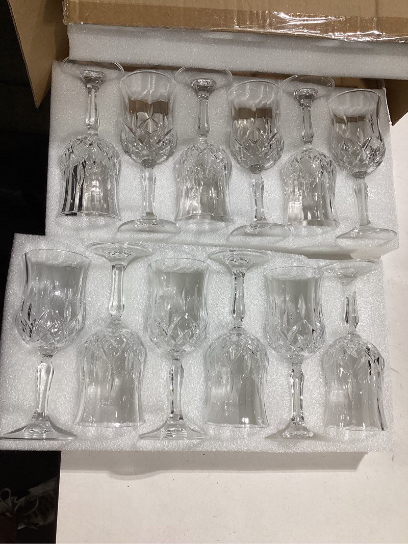 Condition photo showing As Is for damaged wine glasses set of 12, 7.5oz vintage embossed cordial glasses with stem, crystal clear goblet glassware for wine, whiskey, liqueur, perfect for valentine’s day/wedding/anniversary