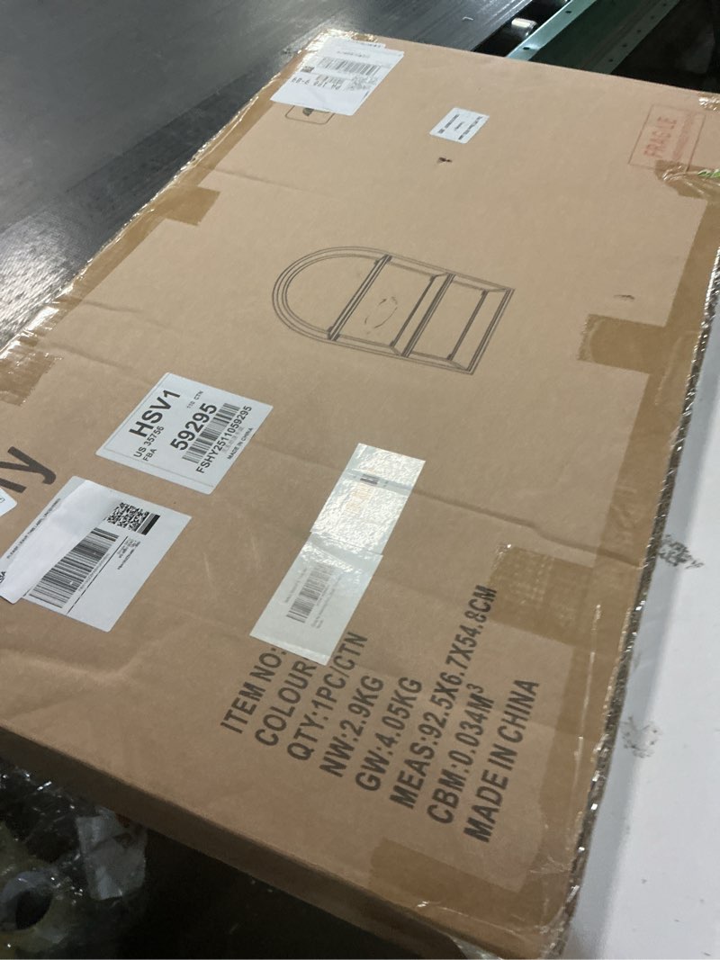 Condition photo showing New/Like New for Crofy Gold Arched Frame Wall Shelf, Decorative 3 Tier Bathroom Wall Shelf with Walnut Finish Shelves and Robust Storage Capacity, 6" D x 17.9" W x 28.57" H Gold Frame & Walnut Shelf 3 Tier