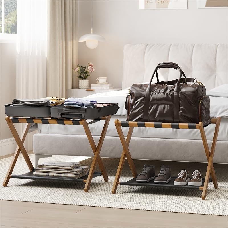 smart fendee 2 pack luggage rack, folding luggage rack for guest room, brown bamboo suitcase stand h