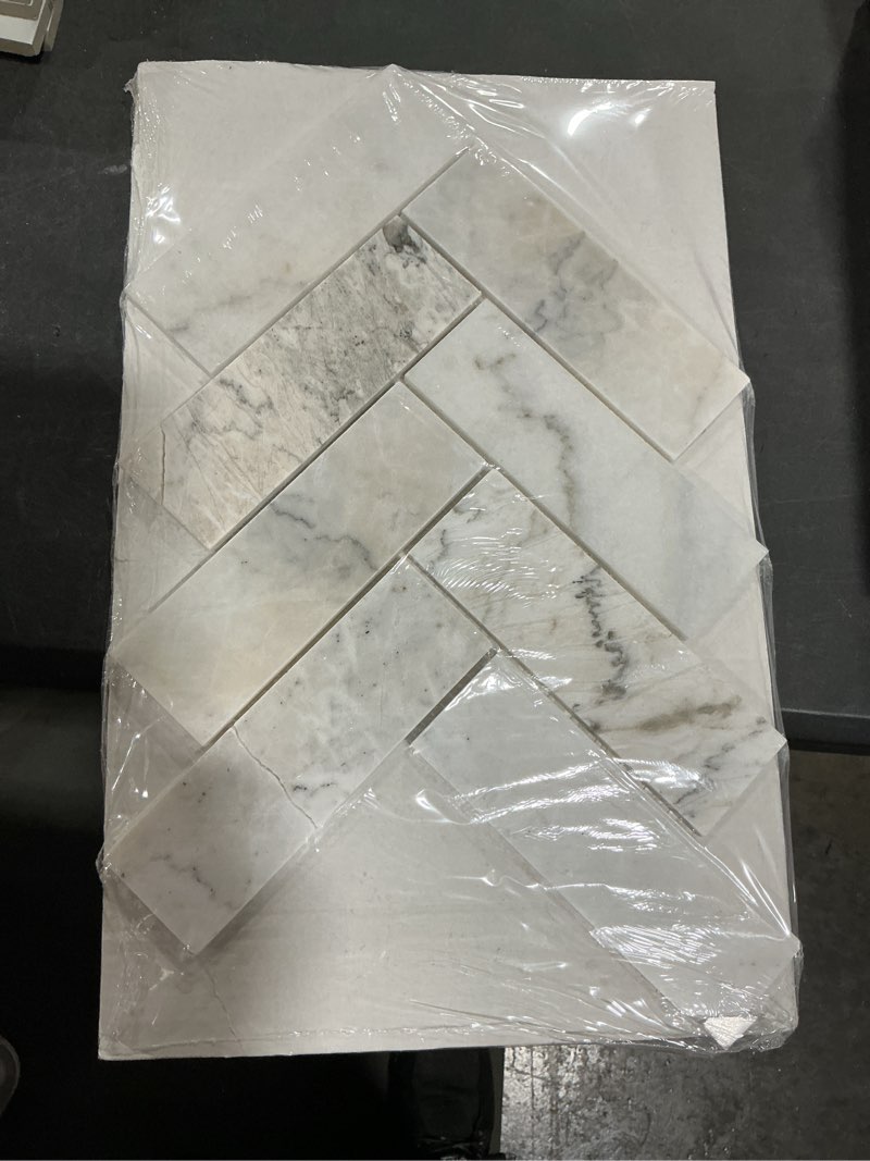 Condition photo showing Good Condition for American Olean Genuine Stone Tuxedo 10-in x 16-in Polished Natural Marble Herringbone Mosaic( BIDDING ON 4 packages, AS IS) 
