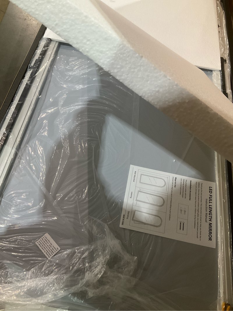 Condition photo showing As Is for glsland 32"x71" led arched full length mirror with lights wall mounted/standing, dimmable lighted floor mirrors w/anti-fog, touch control for bedroom, dressing room arched 71"l x 32"w
