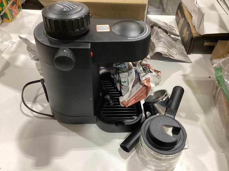 Condition photo showing As Is for imusa electric espresso cappuccino maker 4 cup capacity with milk frother black coffee machine for home barista experience new classic