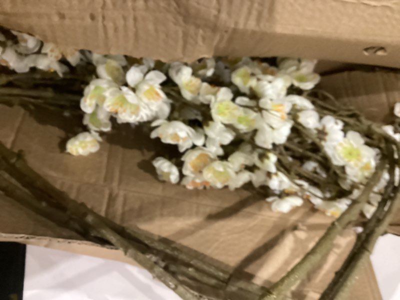 Condition photo showing As Is for florisso 6 PCS Artificial Cherry Blossom Branches Spring Indoor Decoration, Faux Flowers 34.45" Long Stems Plum Fake Peach Plants Real Touch Silk for Wedding Home Bedroom Party Table Office, White A-white