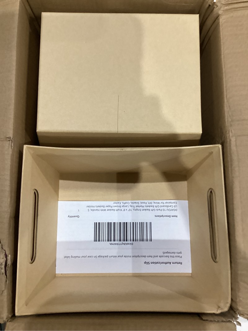 Condition photo showing As Is for DEAYOU 10 Pack Gift Basket Empty, 10" x 8" Kraft Basket With Handle, 5 LB Cardboard Gift Baskets Market Tray, Large Brown Paper Baskets Holder Container for Wine, DIY, Food, Snacks, Crafts, Easter