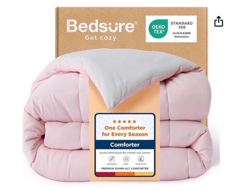 bedsure full comforter duvet insert, all season bed comforter, quilted down alternative duvet, box stitched comforters with corner tabs, machine washable, 82 x 86 inches (pink/grey)
