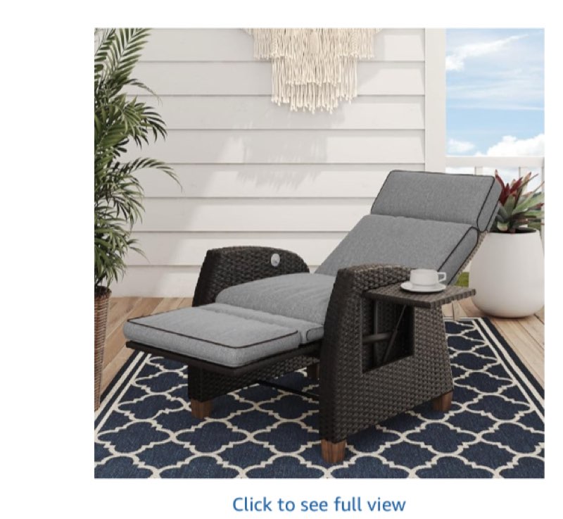 Grand patio Outdoor Recliner Chair Patio 150° Lay Flat Recliner with Flip Table Wicker Reclining Lounge Chair Cool Grey