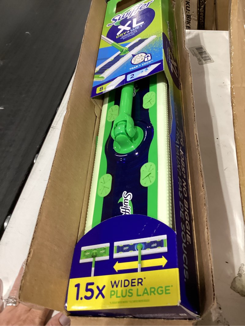 Condition photo showing Good Condition for swiffer sweep + mop xl, broom & mop alternative, floor cleaner for dirt, dust, hair, all purpose cleaning tool for home, bathroom, kitchen, set includes 1 xl sweeper 8 xl dry pads 2 xl wet pads fresh xl starter kit (new!)