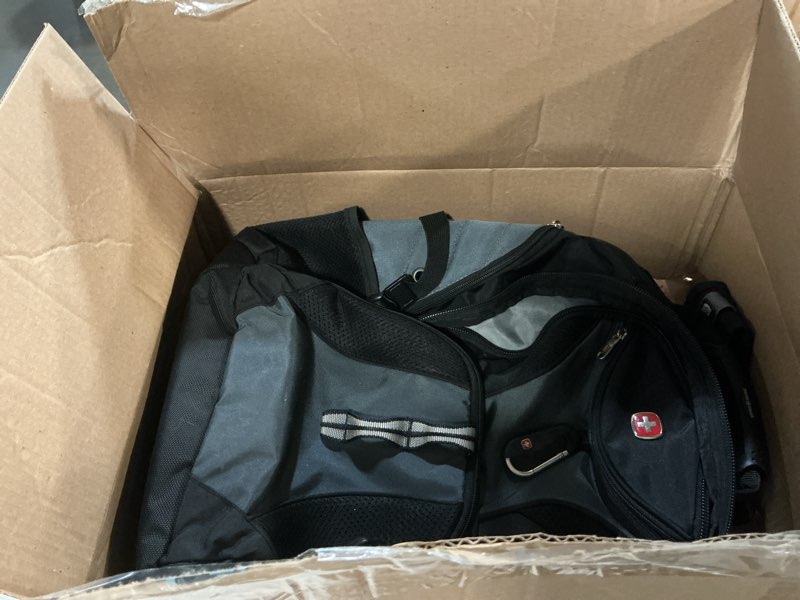 Condition photo showing As Is for swissgear 1900 scansmart tsa laptop backpack fits 17 inch laptop with rfid protection and tablet pocket, grey/black, 19-inch 17-inch black/grey