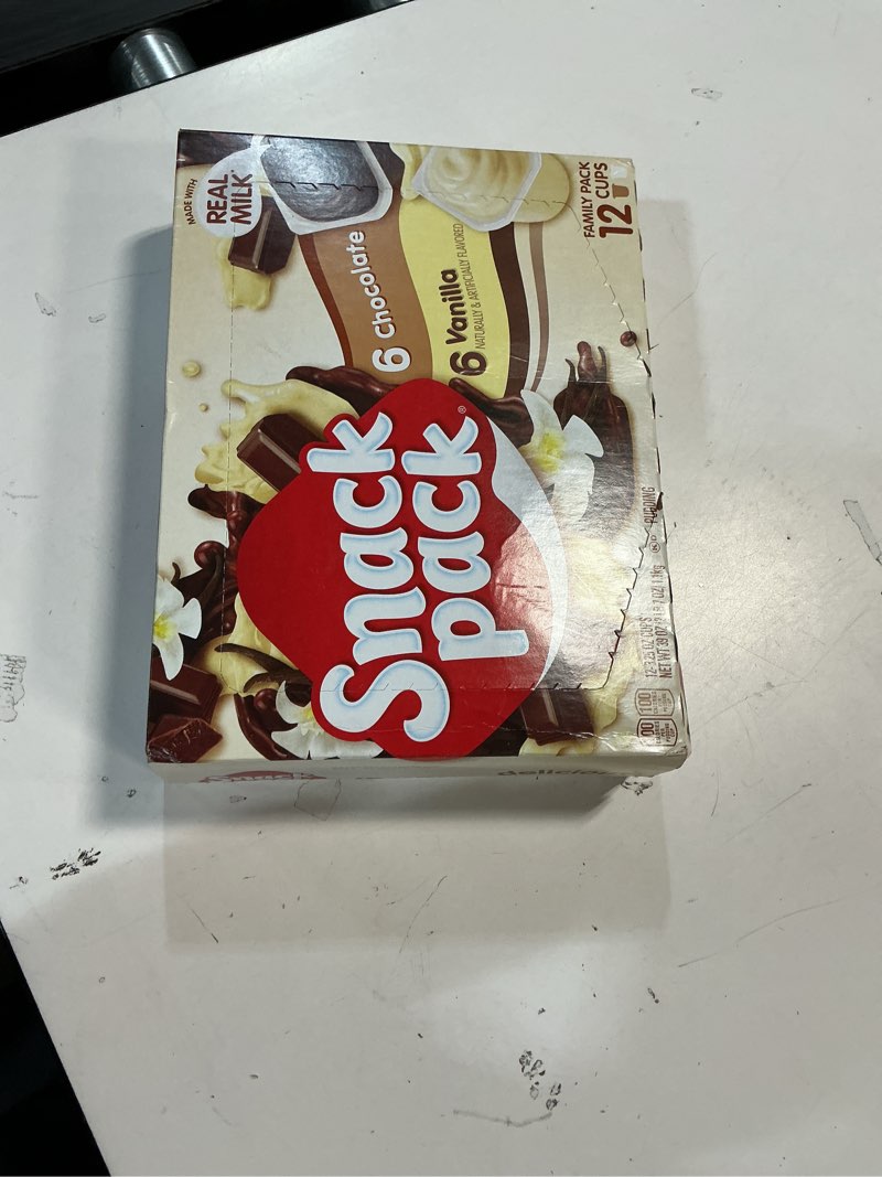Condition photo showing New/Like New for ( best by 2026)Snack Pack Chocolate and Vanilla Pudding Cups Family Pack, 12 Count, 6 Pack Chocolate,vanilla