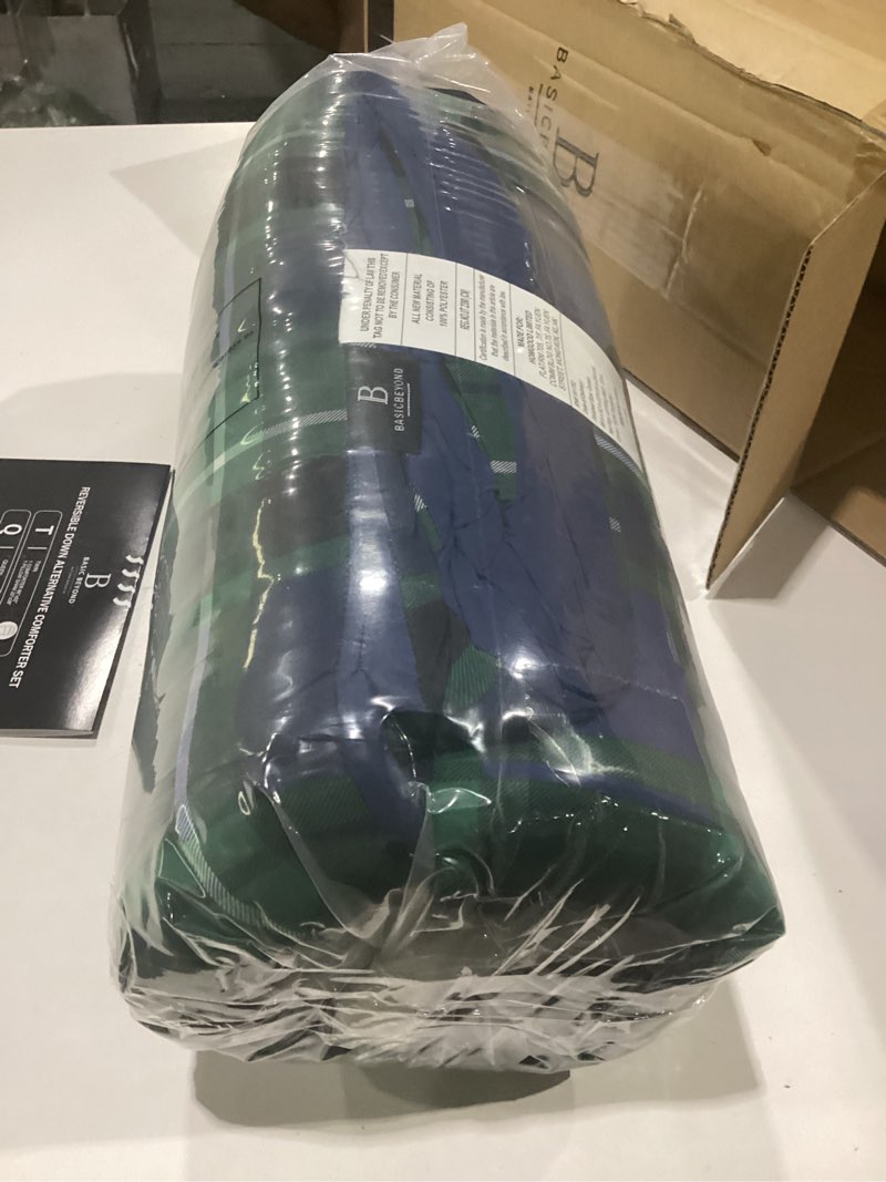 Condition photo showing New/Like New for basic beyond queen comforter set - navy and green buffalo plaid comforter set queen down alternative bed comforter queen set for all season(1 comforter with 2 pillow shams, 88" x 92") plaid - navy/green queen