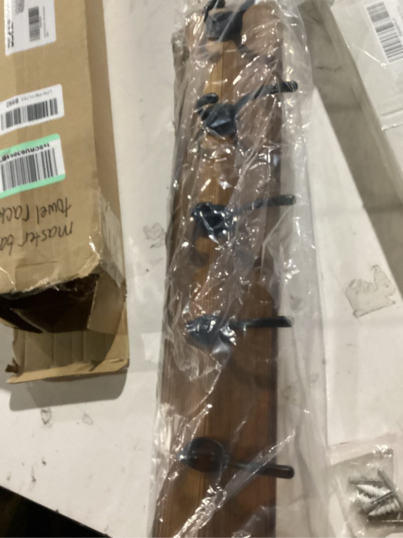 Condition photo showing Good Condition for dseap wall mounted coat rack: patented, heavy-duty, 17.4" long 5-double-hooks wooden hanger rail for winter coats, hat, jacket, clothing - natural & black natural & black l=17.4" (1pcs)