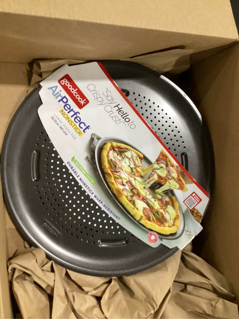 Condition photo showing Good Condition for goodcook airperfect insulated nonstick carbon steel pizza pan with cutting guides, perforated nonstick pizza pan, 15.75-inch, gray