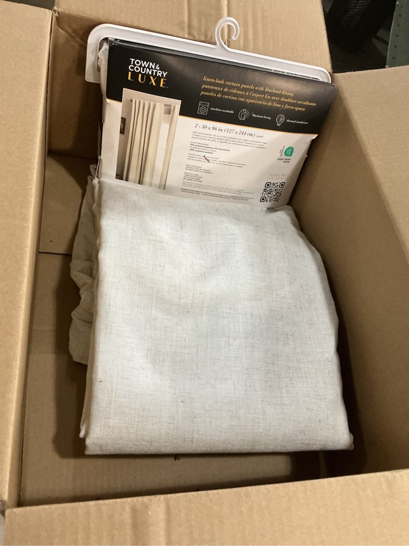 Condition photo showing New/Like New for Town & Country Luxe Davos Solid Linen Texture Indoor Curtains, 100% Blackout with Energy Efficient Lining, Back Tab/Rod Pocket Top, 2-Pack Set, Natural Linen, 50"x96" Natural Linen 50"W x 96"L (Pack of 2)