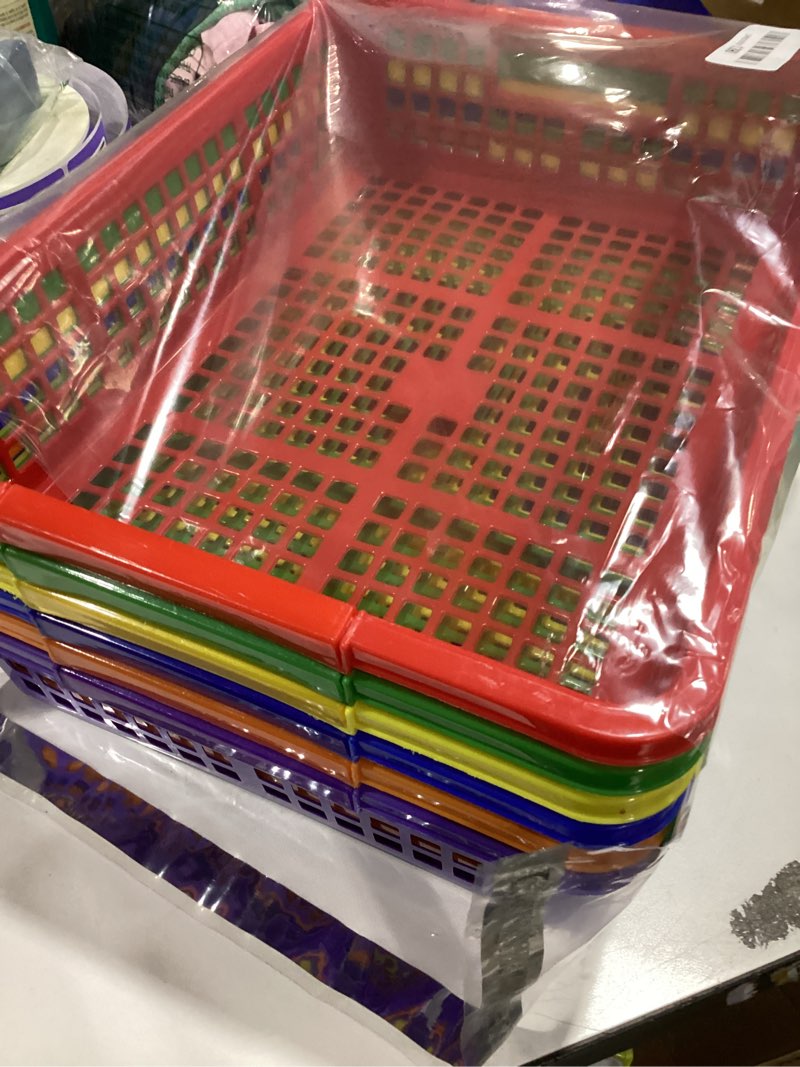 Condition photo showing Good Condition for podzly colored storage bins - set of 6 stackable rainbow rectangle baskets for teacher or student paper trays, classroom library, toy cubby, desk and office table organization (13 x 9.75 x 3 inches) 6 pieces
