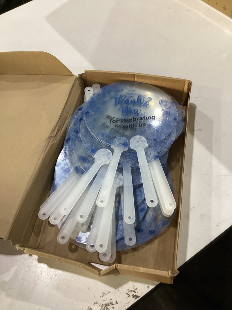 Condition photo showing Good Condition for geelin 50 pcs wedding fans in bulk transparent acrylic blue flower bridal shower handheld favor fans for guests summer wedding bridesmaid gift for hot outdoor ceremony baby shower 1 blue flower