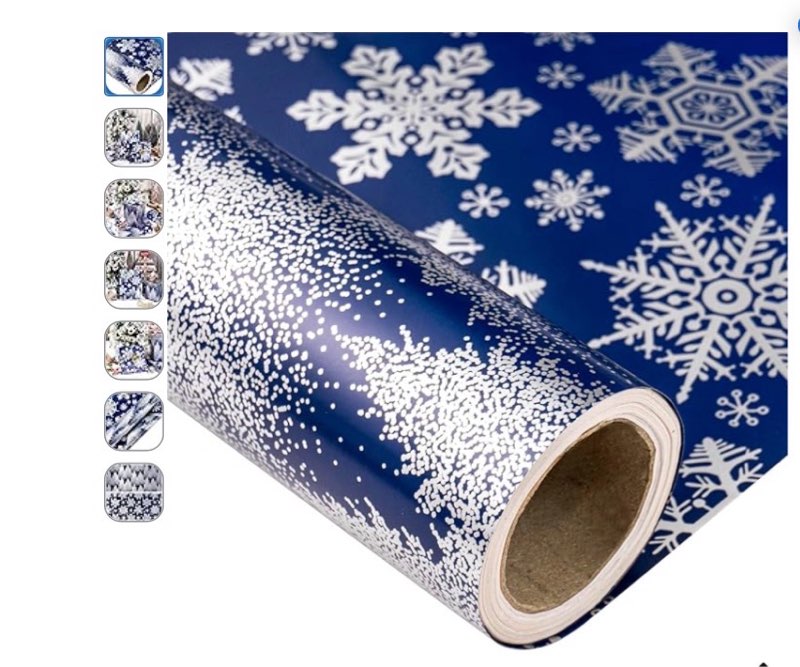 LeZakaa Christmas Navy Wrapping Paper Jumbo Roll, Christmas Trees & Snowflakes Retro Reversible Design for Festive Holiday, Family Gathering, 24 inches x 100 Feet