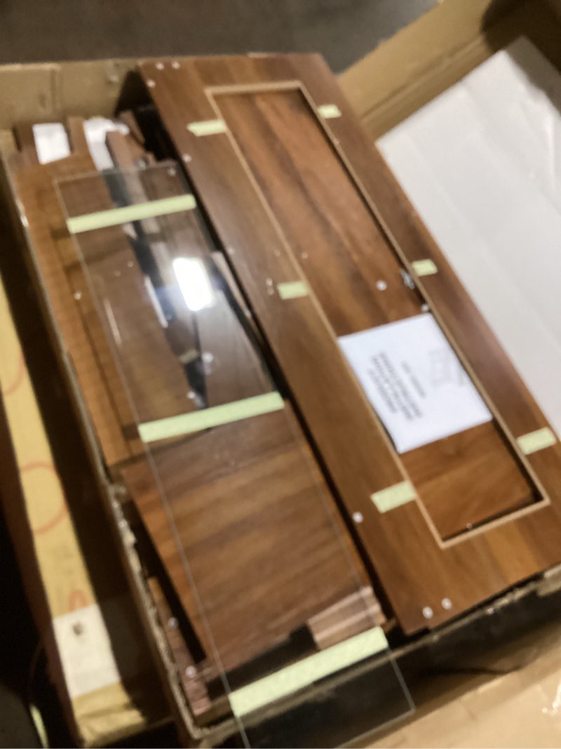 Condition photo showing As Is for 43.3'' Vanity Desk with Mirror and Lights, with Glass Tabletop, with 5 Drawers & Shelves,Makeup Vanity Set for Bedroom, Walnut Walnut 15.75D*43.31W*56.3H