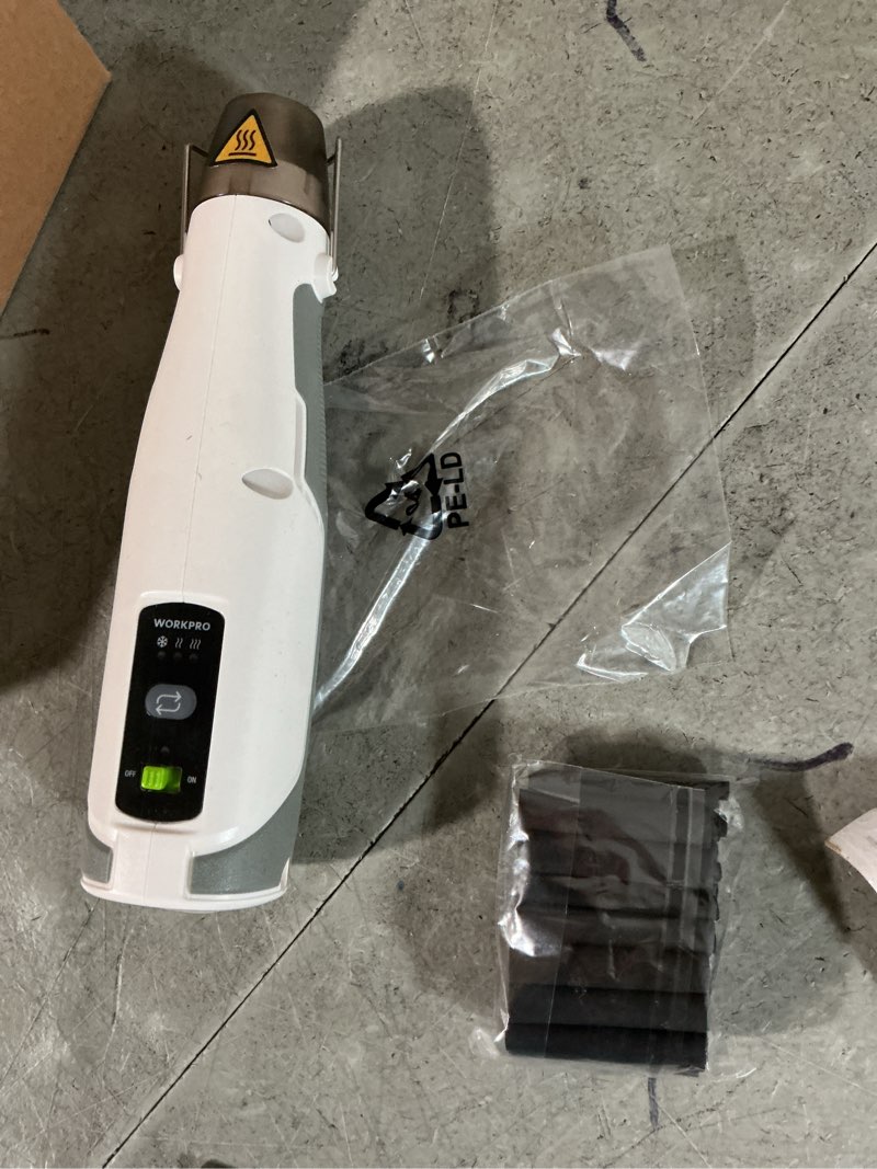 Condition photo showing Good Condition for workpro 7.2v cordless mini heat gun for diy crafts, 4000mah hot air gun, 1.5s fast heating, 3 temp settings (cool/572°f/842°f), usb-c rechargeable — perfect for halloween crafts & decorations