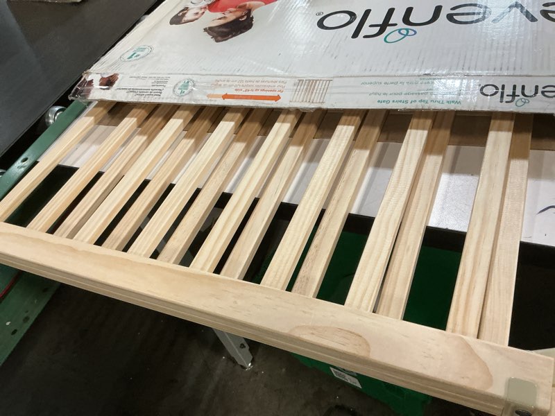 Condition photo showing As Is for evenflo walk-thru top of stairs baby gate, natural wood