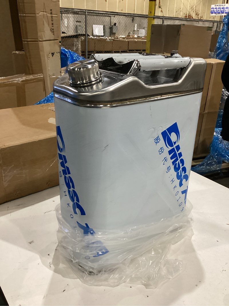 Condition photo showing As Is for 5 gallon stainless steel gas can, tight sealed fuel storage tank portable emergency backup petrol tank with 3 handles + convenient nozzle for motorcycle, cars, trucks(20l)