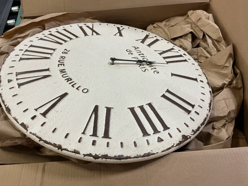 Condition photo showing Good Condition for 22 inch wall clock - decorative round metal clock for living room decor, battery operated silent nonticking quartz analog clock with roman numberals, antiquite de paris face, french style
