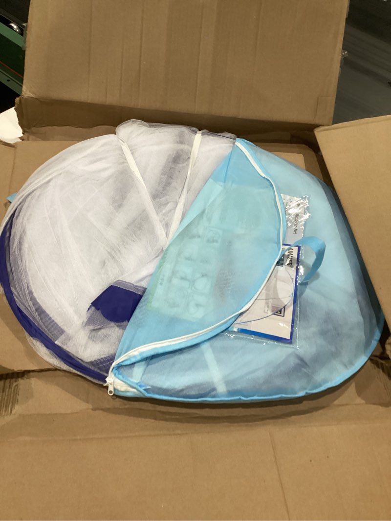 Condition photo showing As Is for portable pop-up mosquito net tent for bed baby adults trip, l79 x w71 x h59 inch large folding mosquito netting with net bottom, 2 entries, suit for twin to king size bed dark blue