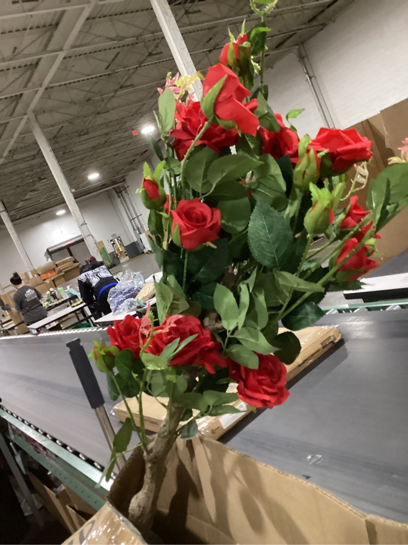 Condition photo showing Good Condition for artificial rose bush, 4ft tall fake tree for indoor home decor office living room, red rose gre
