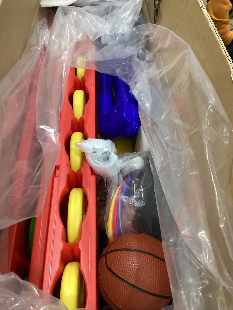 Condition photo showing Good Condition for giant 4 in a row game, height adjust jumbo yard game set for kids & adults with mesh catching bag, golf, basketball hoop & ring toss, 4-to-score connect games for indoor/outdoor fun red blue